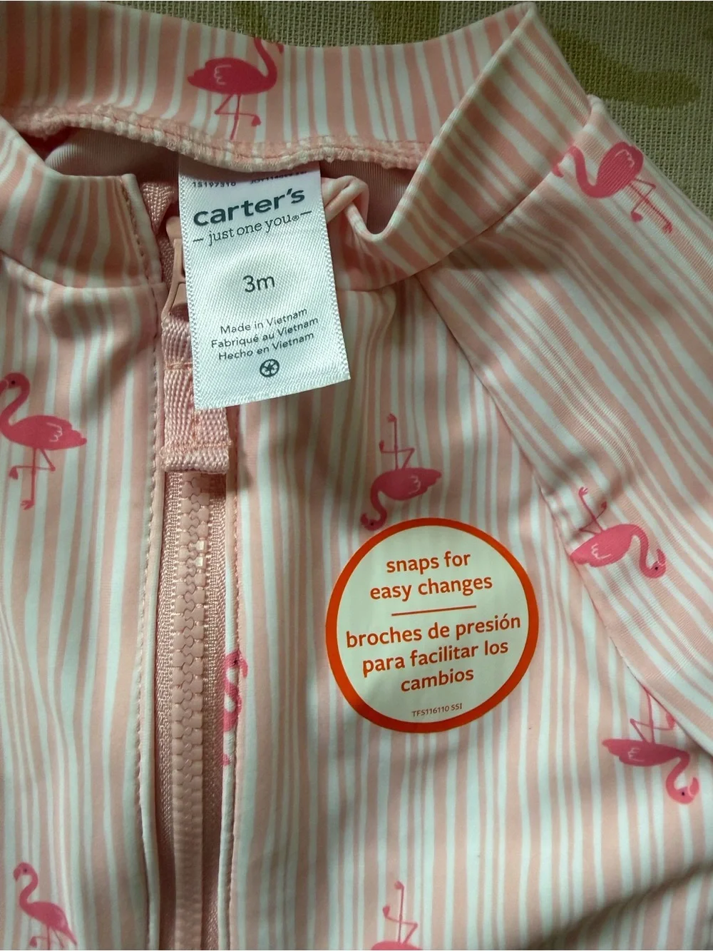 Carter's Pink Stripe Flamingo Long-Sleeve Rashguard Swimsuit One-Piece 3 Month